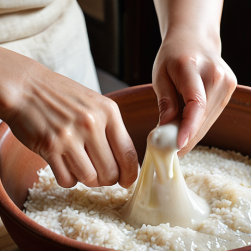 Home 11 An authentic, close-up shot capturing the hands-on process of making homemade Makgeolli in a warm, inviting kitchen. One hand is gently stirring the fermenting rice and Nuruk mixture in a traditional earthenware pot, while the other carefully strains the thick, creamy white liquid through a fine muslin cloth. The scene evokes a sense of patience, dedication, and the magic of simple ingredients transforming into a special beverage.