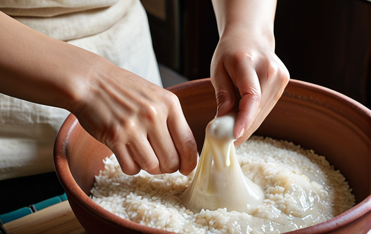 An authentic, close-up shot capturing the hands-on process of making homemade Makgeolli in a warm, inviting kitchen. One hand is gently stirring the fermenting rice and Nuruk mixture in a traditional earthenware pot, while the other carefully strains the thick, creamy white liquid through a fine muslin cloth. The scene evokes a sense of patience, dedication, and the magic of simple ingredients transforming into a special beverage.