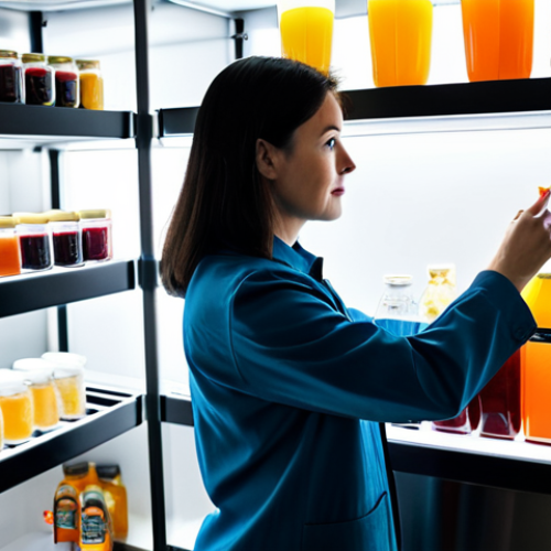 Home 6 A professional and modest woman, fully clothed in appropriate, clean attire, meticulously organizing homemade beverage bottles on shelves in a well-lit, hygienic kitchen pantry. The bottles are made of clear and dark glass, filled with various vibrant, fresh, non-alcoholic homemade juices and sherbets. Some bottles are being placed inside a clean, modern refrigerator, while others are on designated dark shelves. The scene emphasizes cleanliness, order, and freshness. Perfect anatomy, natural pose, correct proportions, well-formed hands, proper finger count. Professional photography, high quality, studio lighting, crisp focus, safe for work, appropriate content, family-friendly.