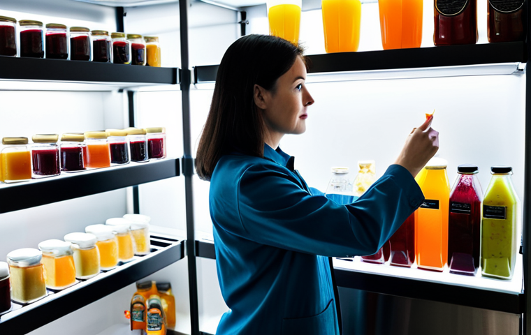 A professional and modest woman, fully clothed in appropriate, clean attire, meticulously organizing homemade beverage bottles on shelves in a well-lit, hygienic kitchen pantry. The bottles are made of clear and dark glass, filled with various vibrant, fresh, non-alcoholic homemade juices and sherbets. Some bottles are being placed inside a clean, modern refrigerator, while others are on designated dark shelves. The scene emphasizes cleanliness, order, and freshness. Perfect anatomy, natural pose, correct proportions, well-formed hands, proper finger count. Professional photography, high quality, studio lighting, crisp focus, safe for work, appropriate content, family-friendly.