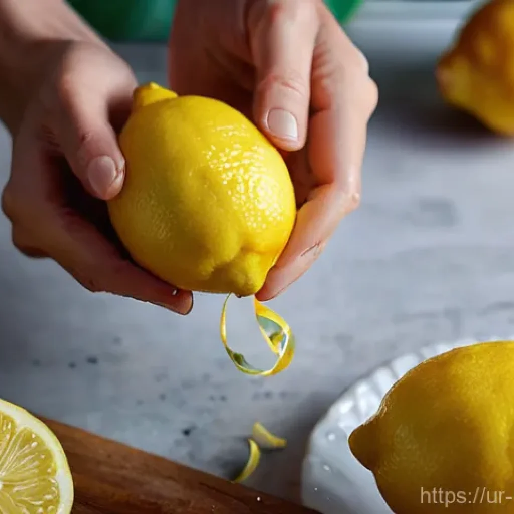 홈메이드 레몬첼로 제조법 - **Lemon Zest Harvest:** A close-up shot of a pair of hands, possibly a woman's, gently and meticulou...
