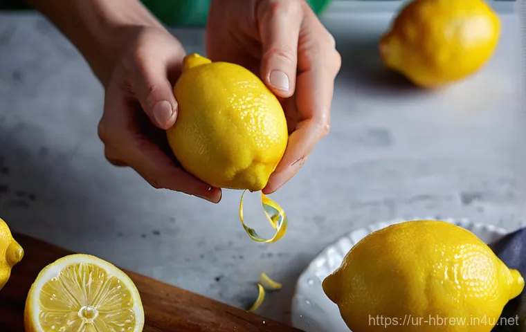 홈메이드 레몬첼로 제조법 - **Lemon Zest Harvest:** A close-up shot of a pair of hands, possibly a woman's, gently and meticulou...