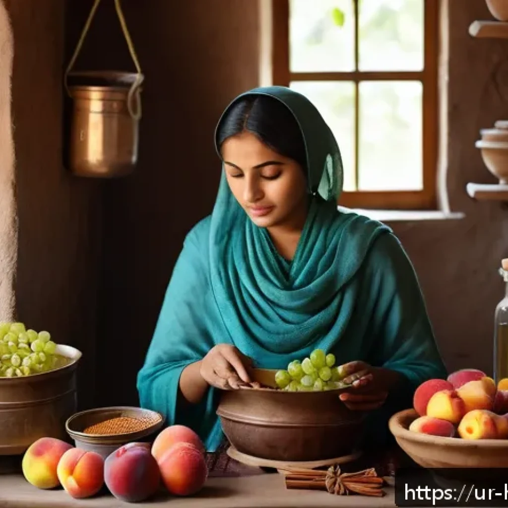 홈메이드 전통주 만들기 - A cozy home kitchen scene showing a traditional South Asian woman in modest clothing carefully washi...