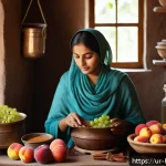 Home 16 홈메이드 전통주 만들기 - A cozy home kitchen scene showing a traditional South Asian woman in modest clothing carefully washi...