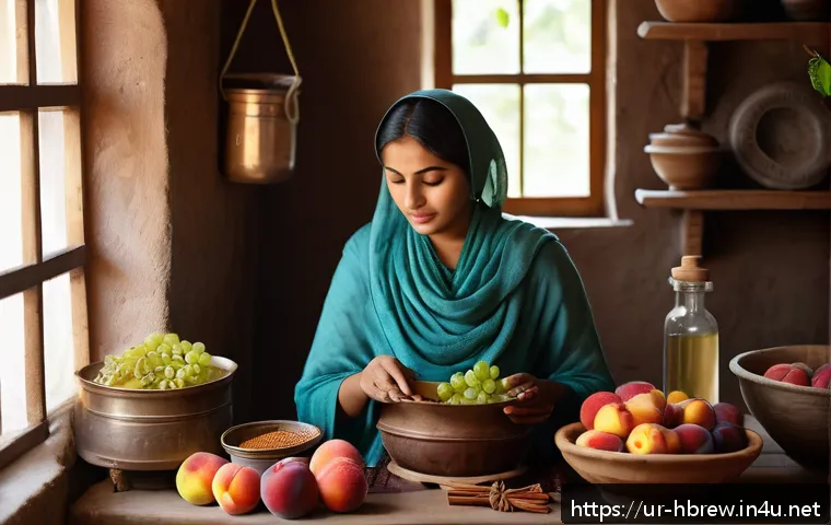 홈메이드 전통주 만들기 - A cozy home kitchen scene showing a traditional South Asian woman in modest clothing carefully washi...