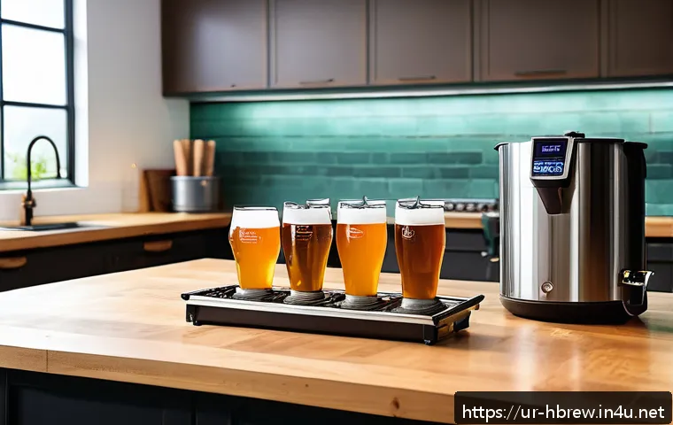 홈메이드 IPA 맥주 제조 - A detailed home brewing setup for making IPA beer, featuring a clean and organized brewing station i...