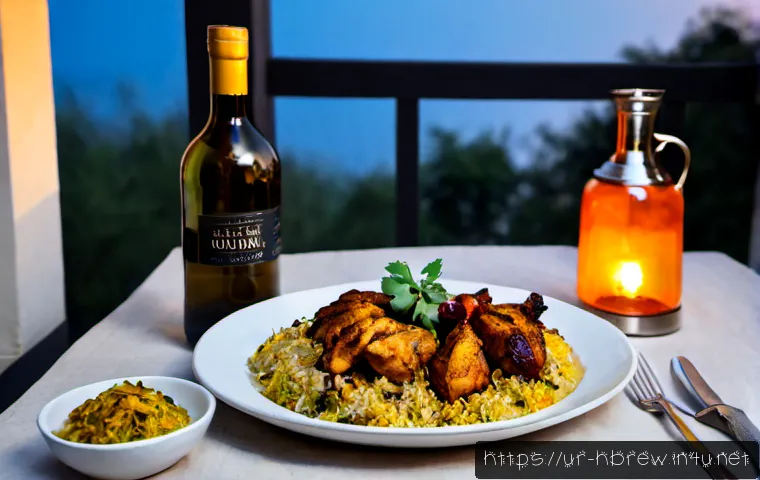 홈메이드 술 페어링 가이드 - Photorealistic Pakistani home dining table featuring elegant homemade fruit wine in clear unlabelled...